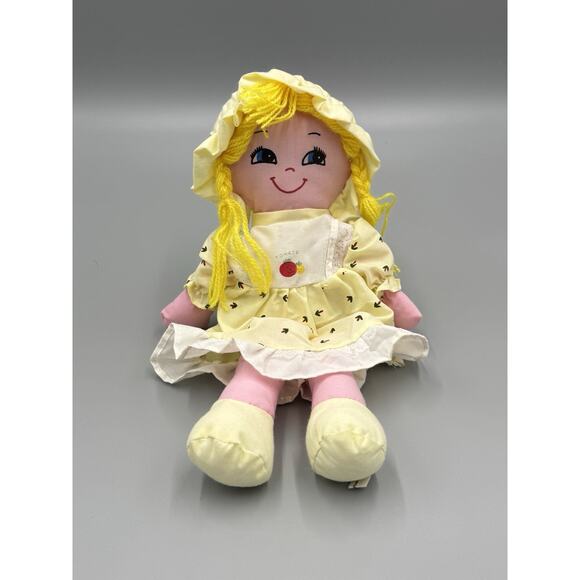 Yellow Haired Rag Cloth Doll In Dress & Bonnet Tomato On Dress 12” READ DETAILS - Picture 1 of 8